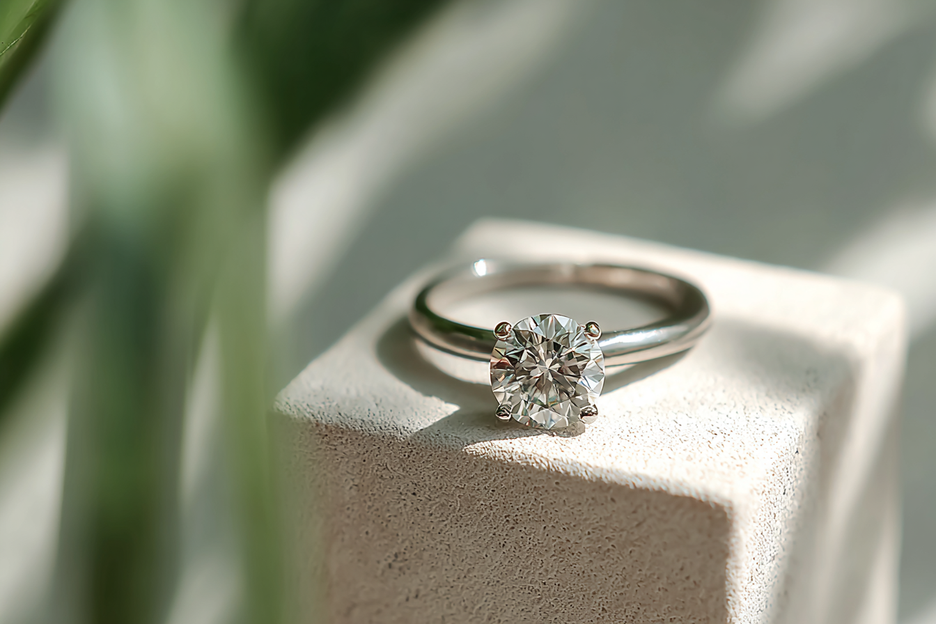 Elegant engagement ring with lab-grown diamond on minimalist stand