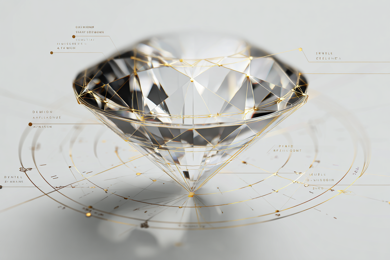 Infographic diagram of round diamond proportions with labeled table, depth, crown and pavilion angles