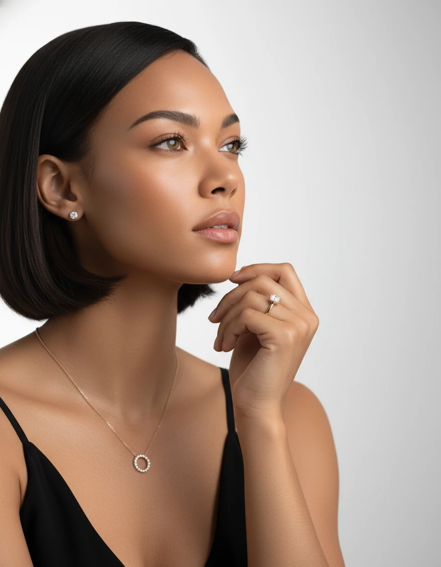 Model wearing lab-grown diamond earrings and necklace in bright modern light