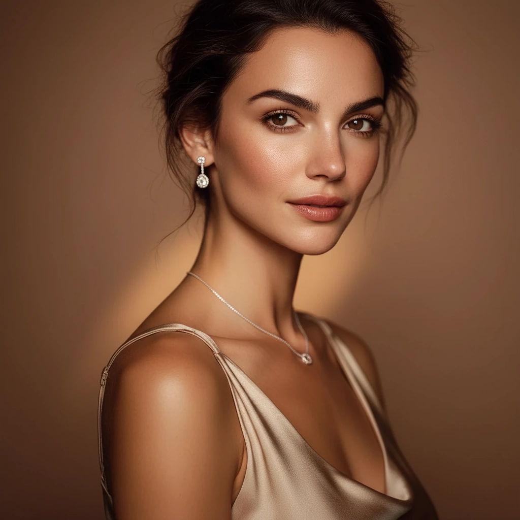 Woman wearing natural diamond earrings and necklace in warm light