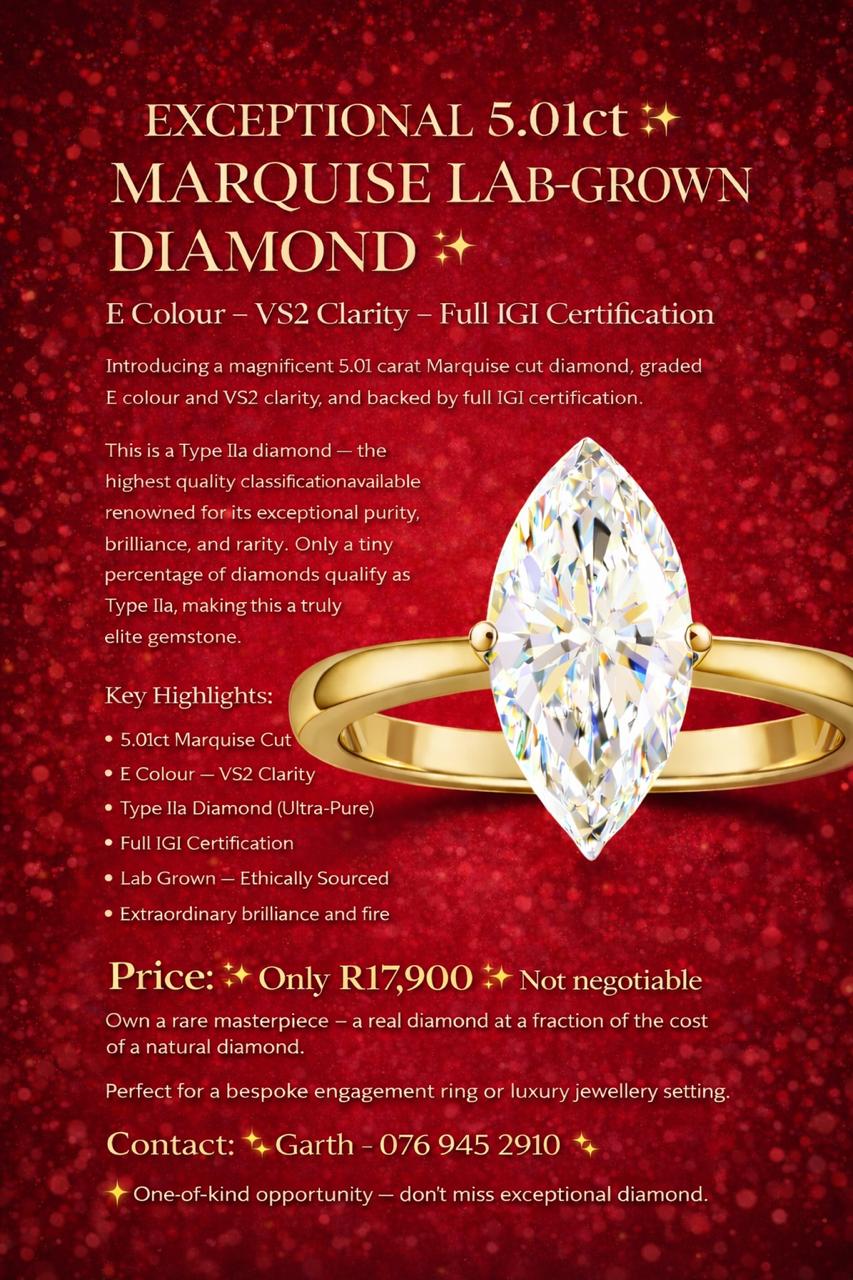 5.01ct Marquise Lab-Grown Diamond - E Colour, VS2 Clarity - Only R17,900